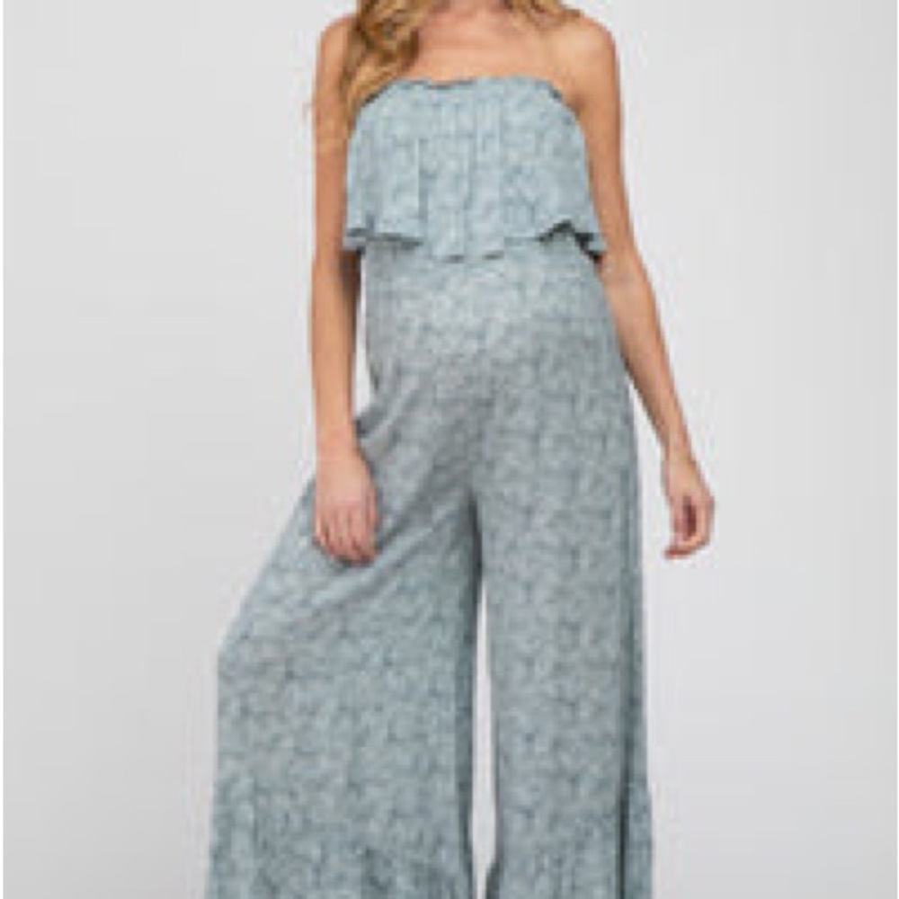 Pinkblush Blue Floral Strapless Ruffle Hem Maternity Jumpsuit